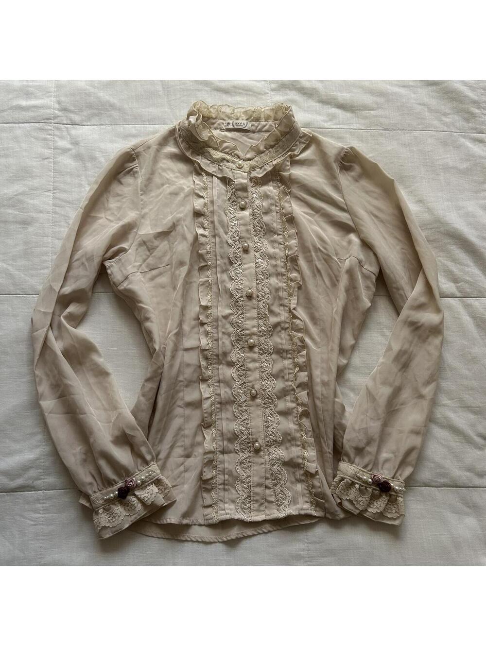 Axes Femme Beige Lace Ruffle High Neck Pearl Button Rosette Blouse M Japan